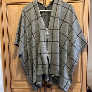 Gray Plaid Zip-Up Cape Top